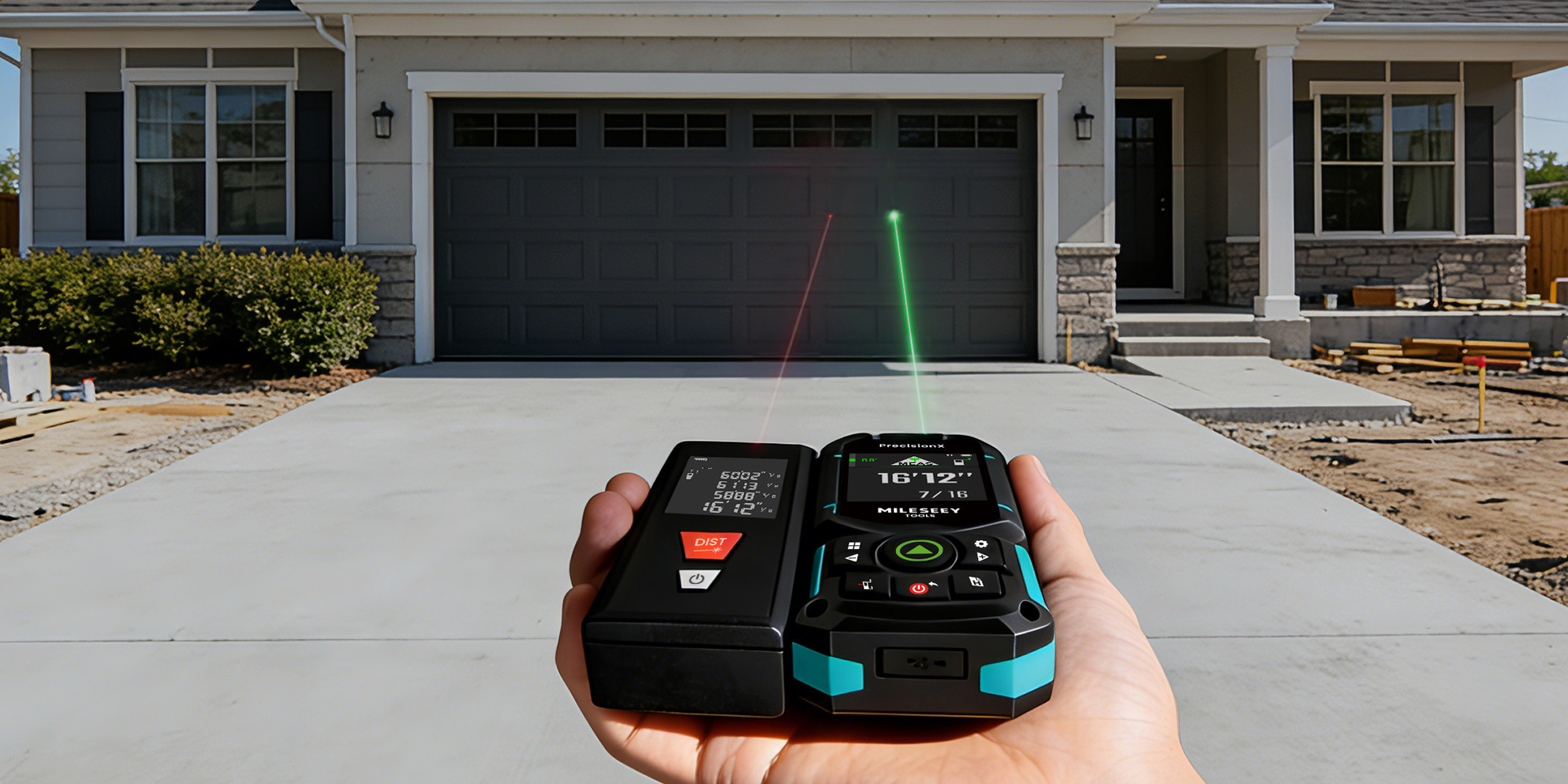 Red and green laser distance measures compared side by side on a garage door in daylight