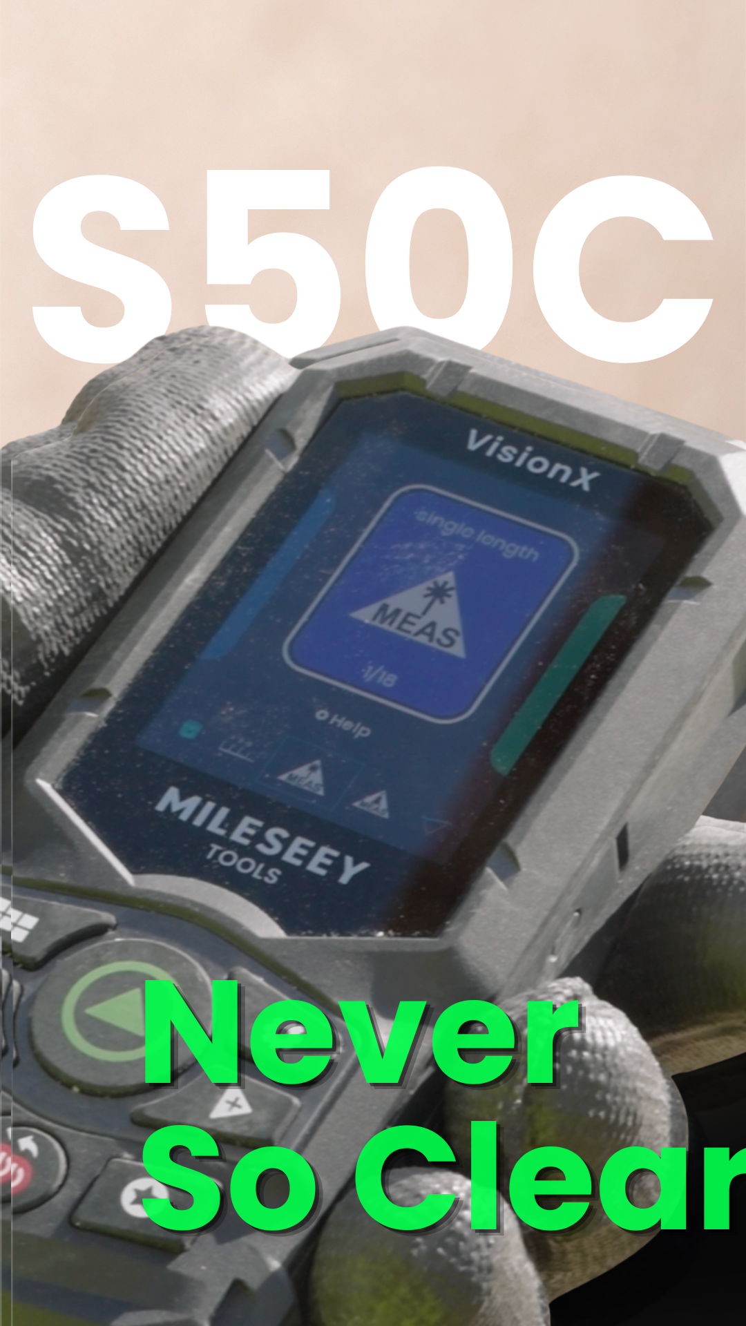 Close-up demonstration of the MILESEEY S50C display and measurement interface