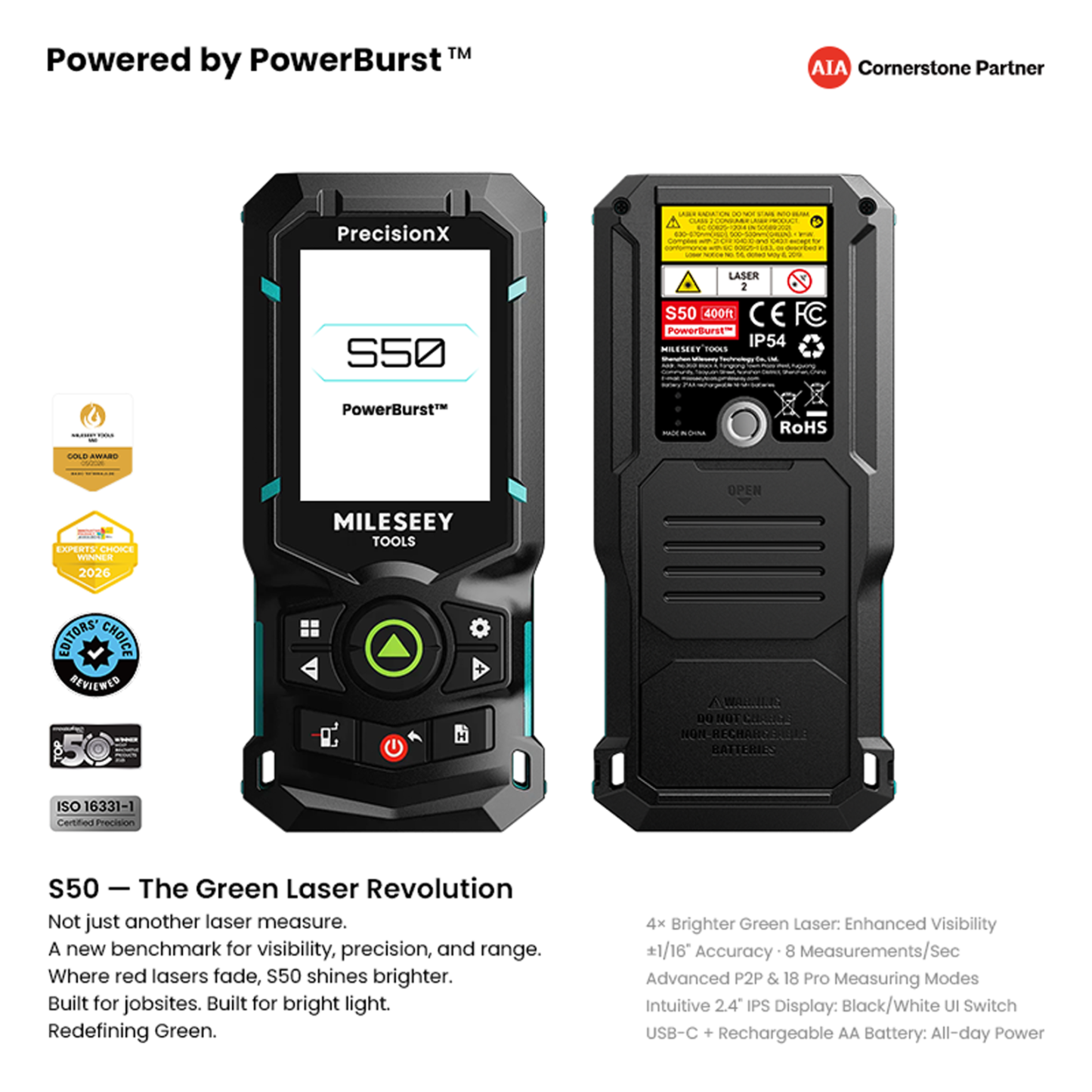 S50 Green-Beam Laser Measure Powered by PowerBurst™