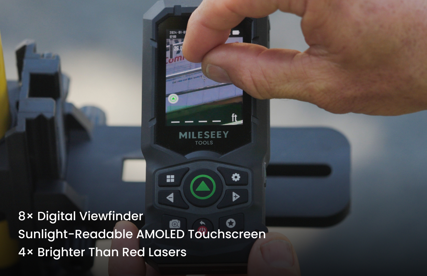 MILESEEY S50C green-beam laser distance measure with an 8x digital viewfinder and AMOLED touchscreen