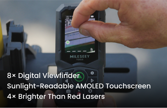 MILESEEY S50C green-beam laser distance measure with an 8x digital viewfinder and AMOLED touchscreen