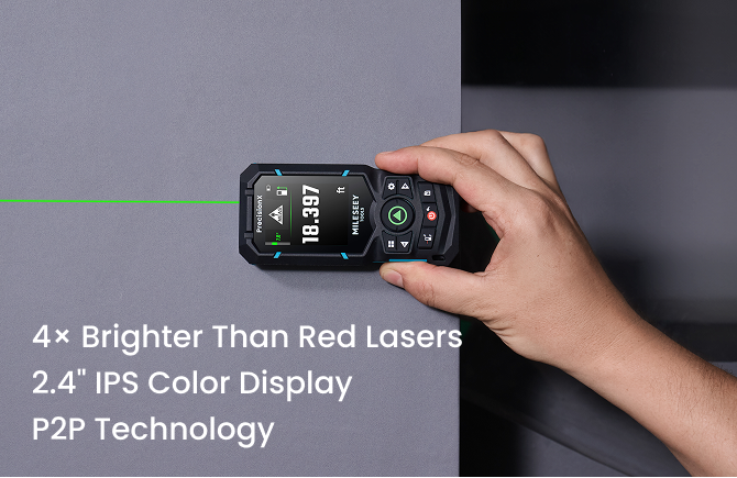 MILESEEY S50 green-beam laser distance measure with a 2.4-inch IPS color display and P2P measurement