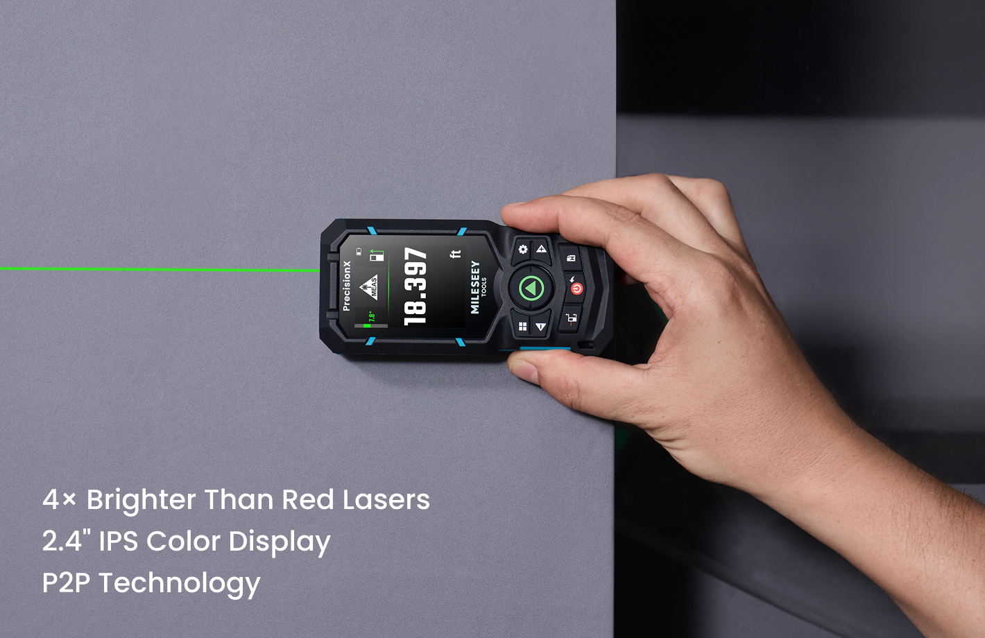 MILESEEY S50 green-beam laser distance measure with a 2.4-inch IPS color display and P2P measurement