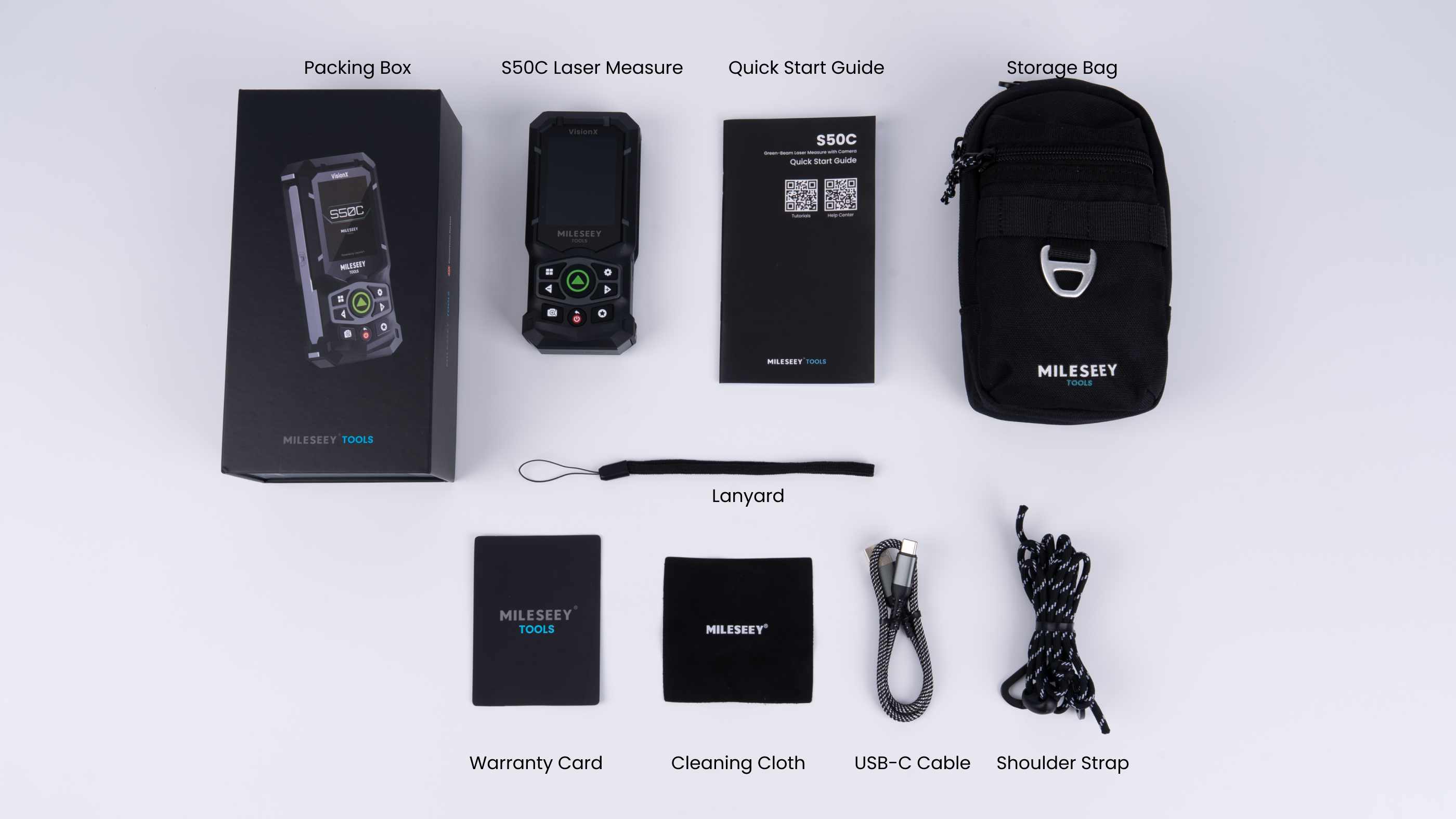 Mileseey S50C laser measure box contents: packing box, the device, quick start guide, storage bag, lanyard, warranty card, cleaning cloth, USB-C cable, and shoulder strap
