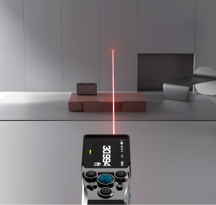 MILESEEY XTAPE1 measuring a long indoor distance with a red laser