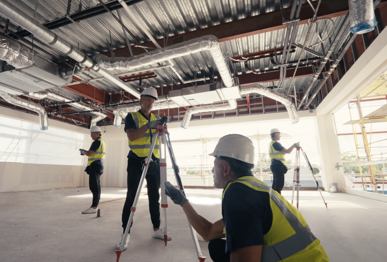 Construction crew using a tripod-mounted laser measure inside a commercial building